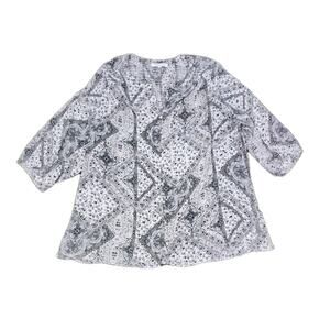 Rose + Olive Womens 1X Blk/Wht Boho Abstract Tunic 3/4 Length Sleeves V Neck